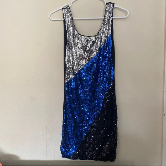 EUC Sparkly Sequin Blue Silver Black Bejeweled Party Sleeveless Mini Dress - Picture 1 of 7